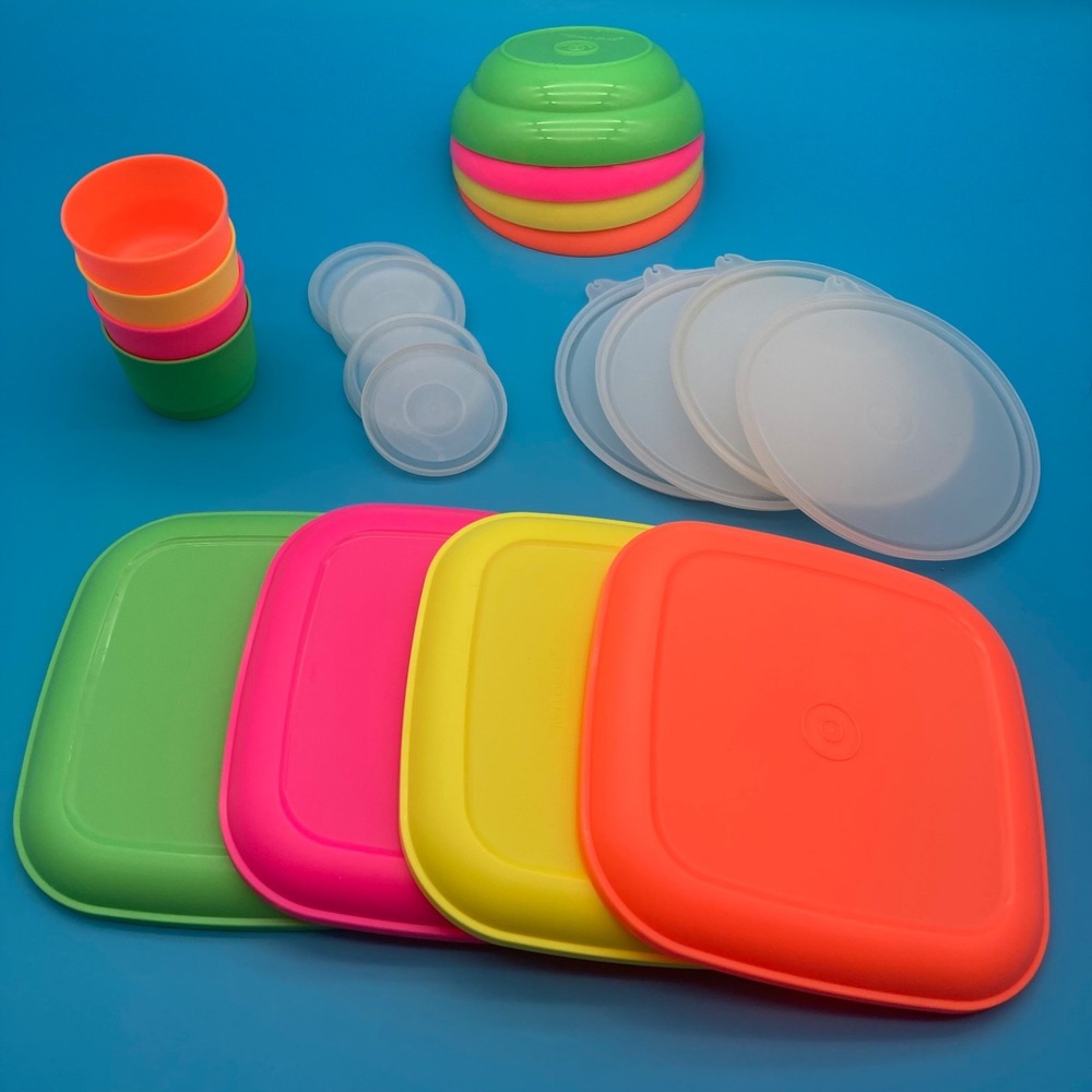 Vtg 90s Tupperware Classic Neon Plates Snack Bowls Cups 20 Piece Set